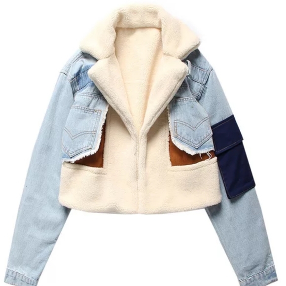 Pre-order Sale ⚠️🔜LONG SLEEVE FLEECE & DENIM PATCHWORK RELAX FIT JACKET - Picture 1 of 5